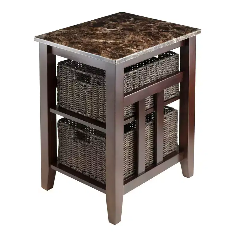 Brown Faux Marble Top Side Table with Baskets – 2-Shelf, 1-Person Assembly