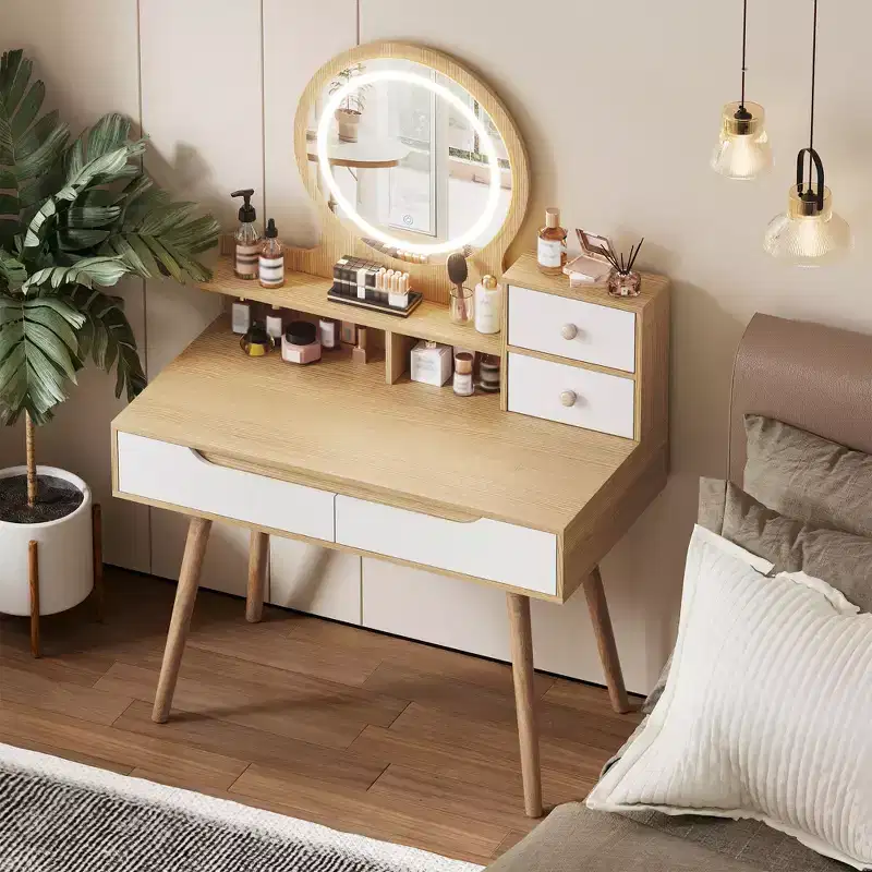 Vanity Dressing Table with 3 Height-Adjustable Lighted Mirrors, 4 Drawers and 3 Open Shelves