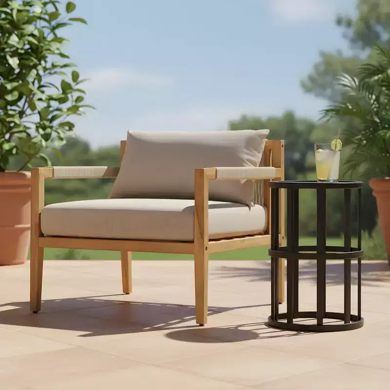 Christopher Knight Home Ilaria 2 Piece Outdoor Acacia Wood Rope Chair with Ceramic Tile End Table