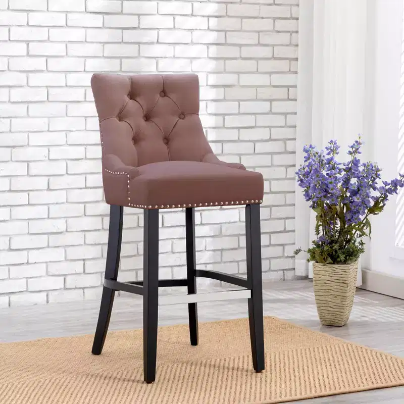 WestinTrends 29 Linen Fabric Tufted Buttons Upholstered Wingback Bar Stool, Brown