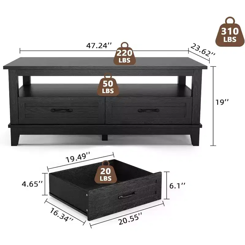 Farmhouse Coffee Table, 2 Drawers & Open Shelf, 47.24 Rectangular Center Table, Stable 6-Leg Structure