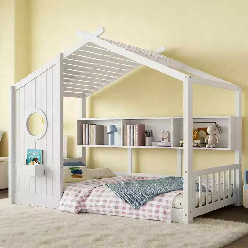 Luxystar House Shape Bed Frame With Shelves, Window and Roof for Kid's Room