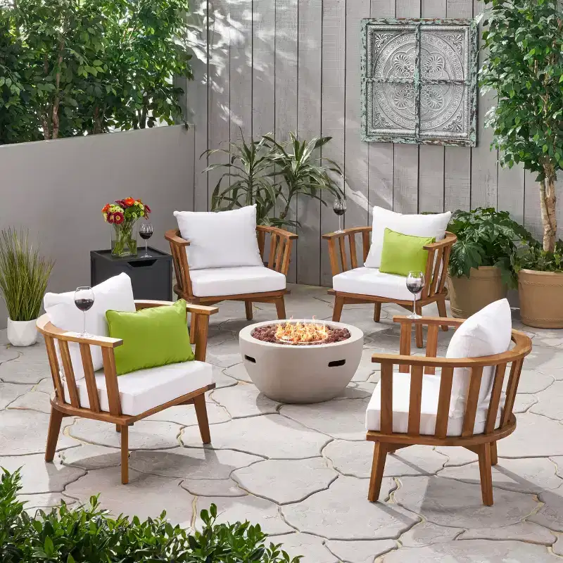 Christopher Knight Home Flagler Outdoor Acacia Wood 5 Piece Club Chair and Fire Pit Set with Cushions, Teak/White