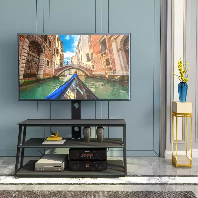 Black Multi-Function Height and Angle Adjustable TV Stand - Tempered Glass with Swivel and Wire Management