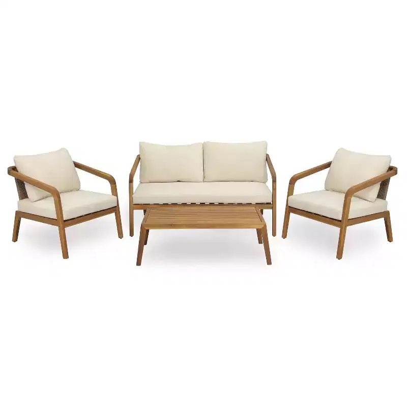 Christopher Knight Home Paula Patio Modern Acacia Wood and PE Wicker 4-Piece Conversation Set with Cushions