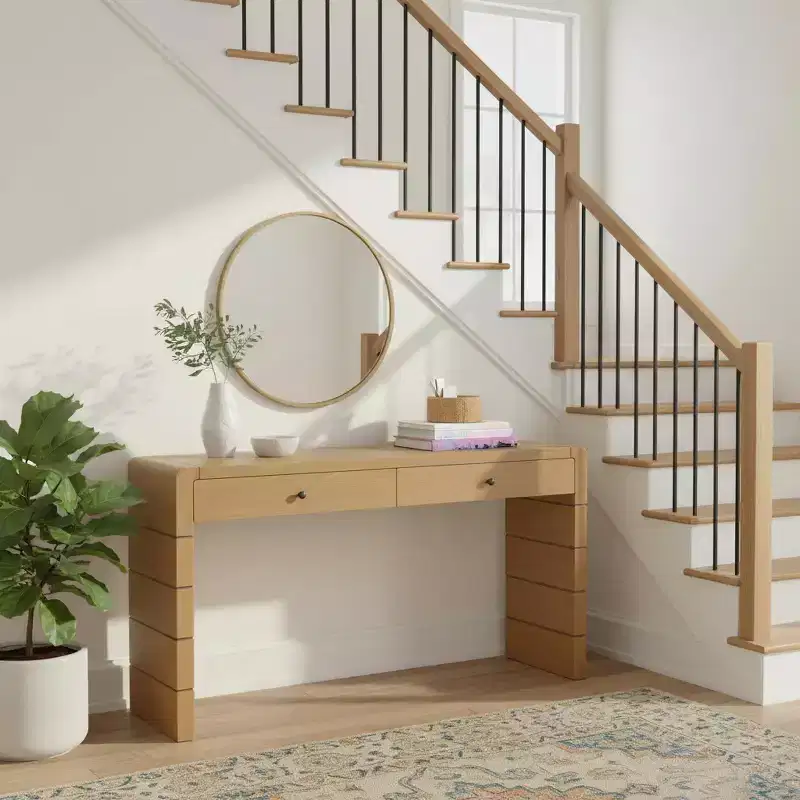 Console Table with Storage Drawers and Solid Panel Base for Entryway or Living Room, Oak