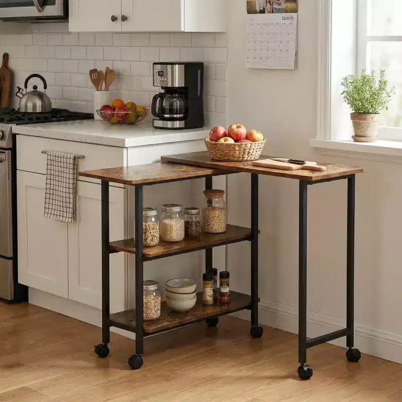 Rotating End Table with 3-Tier Storage Shelves and Lockable Wheels