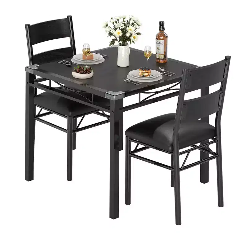 Dining Table Set with Upholstered Chairs, Compact Space-Saving Kitchen Furniture with Corner Guards for Apartment Home, Black, 2+1