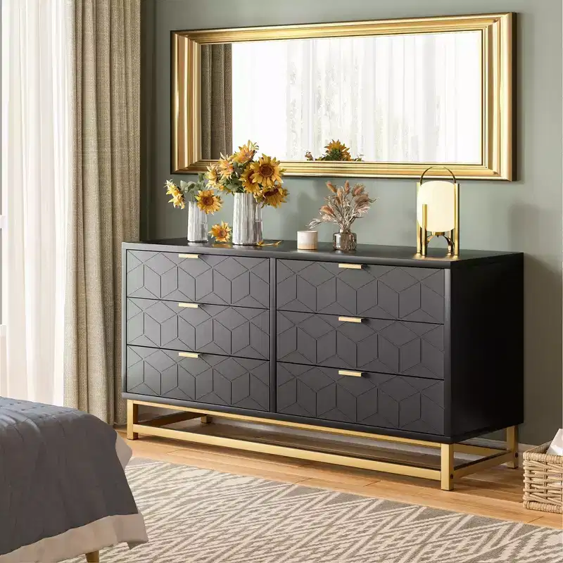6-Drawer Double Dresser with Gold Handles - Modern Bedroom Chest of Drawers for Hallway & Entryway