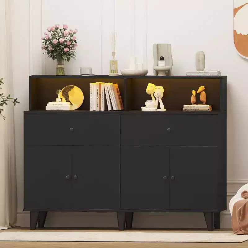 47 Storage Buffet Cabinet with 6 Drawers, Adjustable Shelf, LED Lights and Charging Station for Kitchen and Dining Room