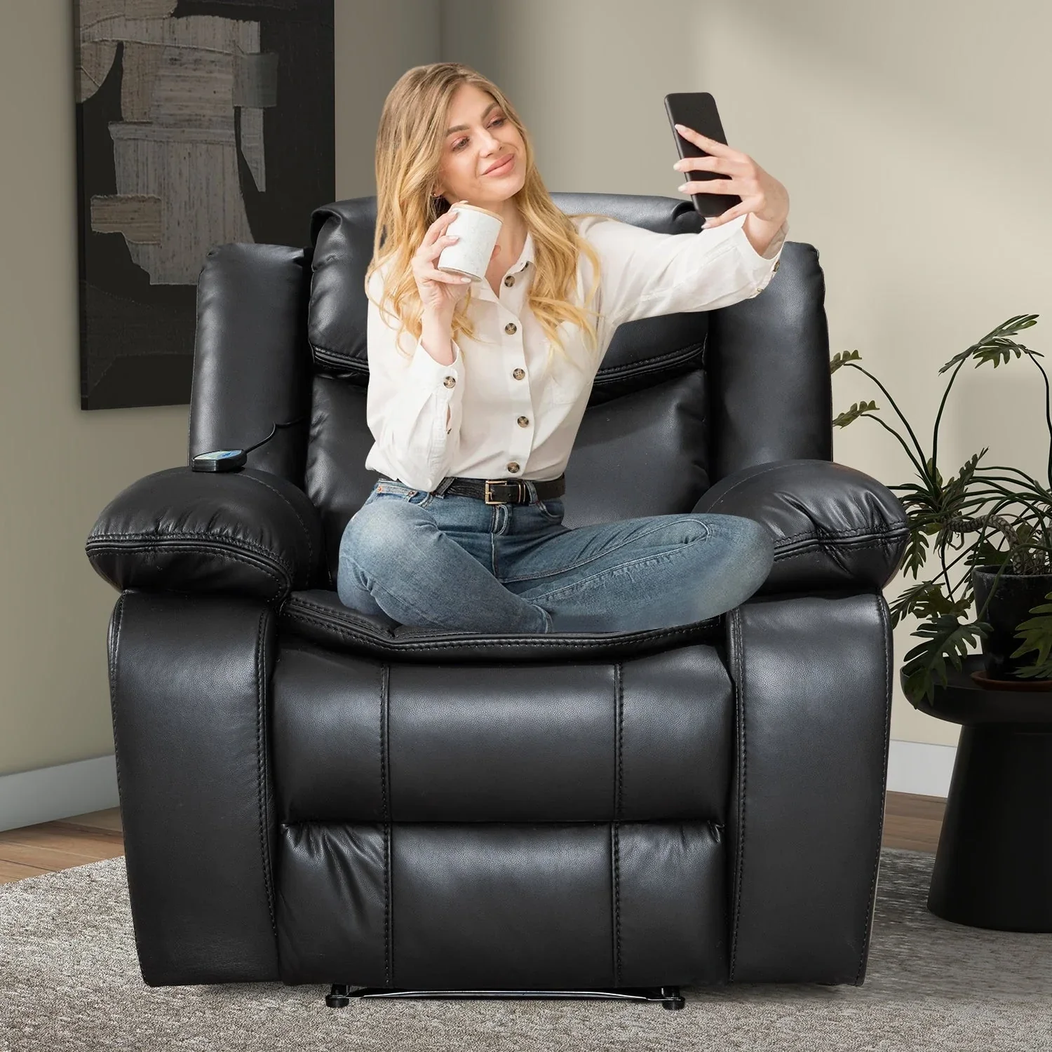 Wide Seat Durable Leather Massage and Heat Recliner