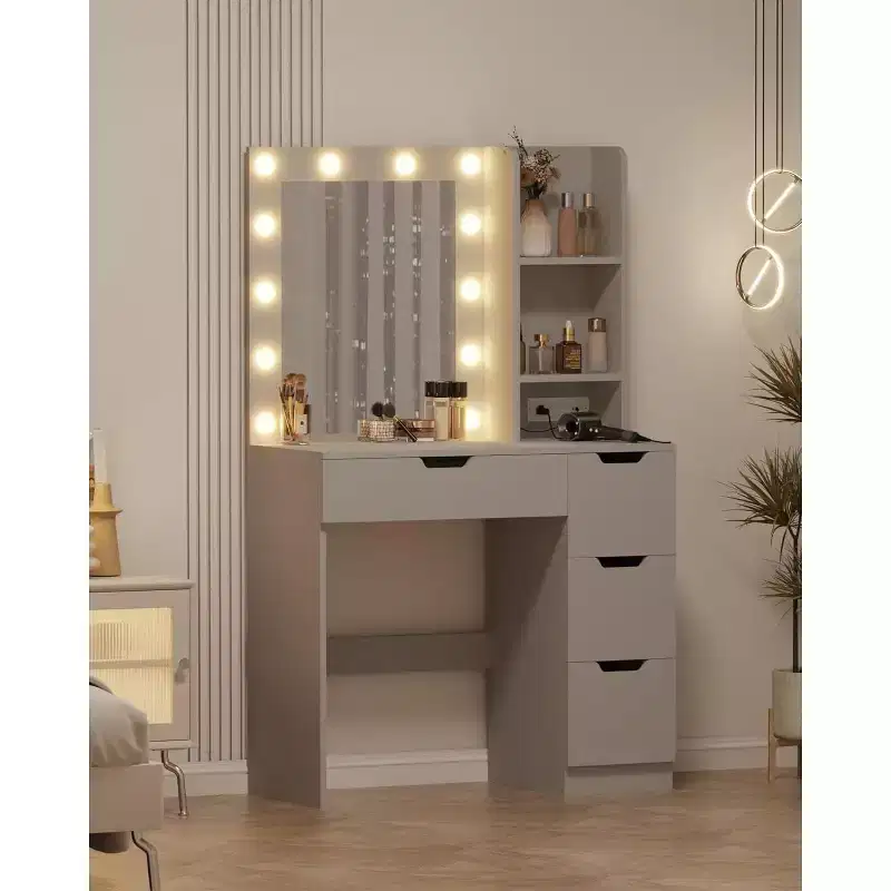Vanity Desk with Mirror and LED Lights, Makeup Table with Drawers and Charging Station for Bedroom