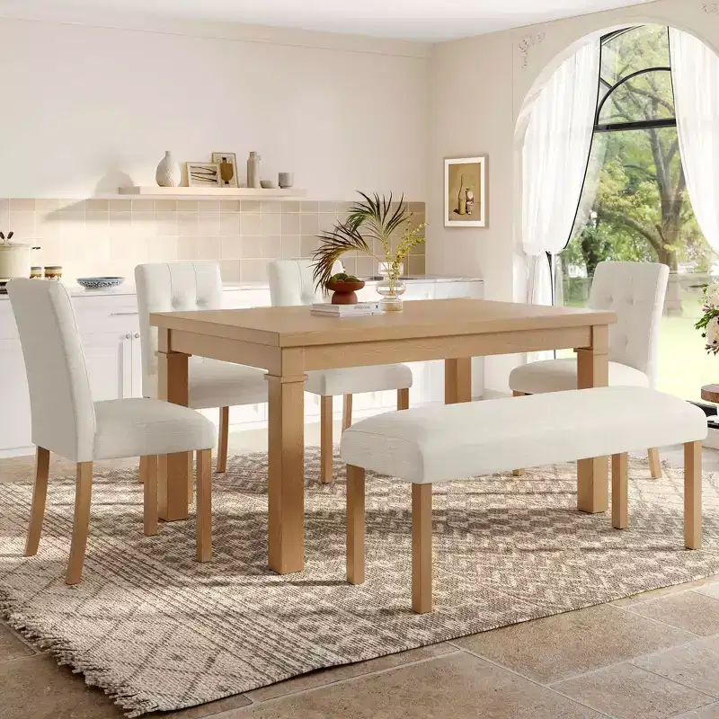 MAYEERTY 6-Piece Modern Dining Set, Rectangle Table, 4 Chairs & Bench