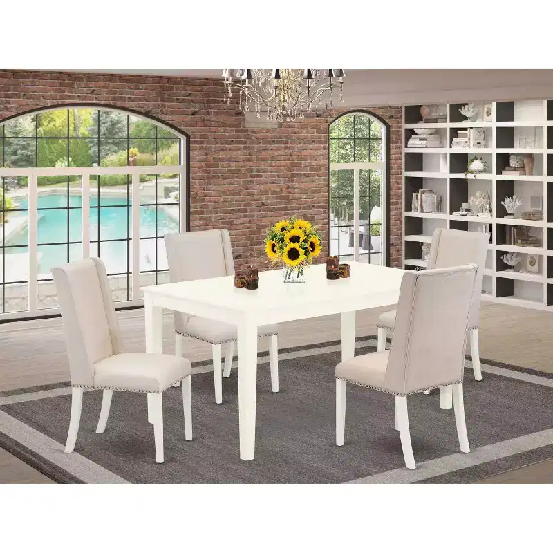 HomeStock 5-Pc Linen White Finish Solid Wood Top - Rectangular Dining Room Set - Seats 4