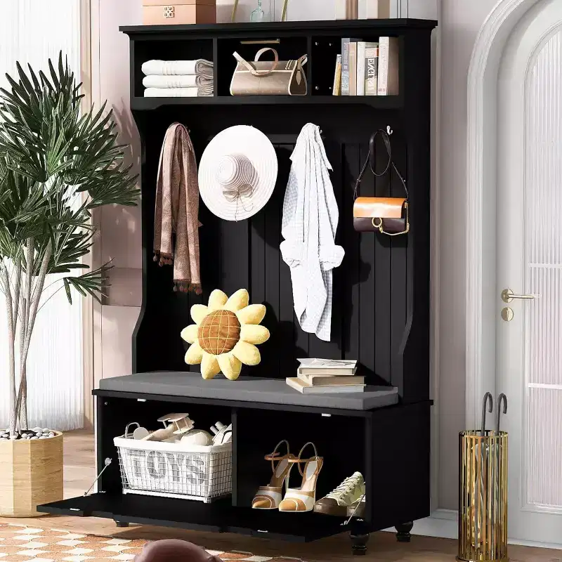47-Inch Wide Entryway Bench, 4-in-1 Hall Tree with Storage, 4 Hooks & Cushion, Space-Saving Shoe Organizer for Mudroom, Black