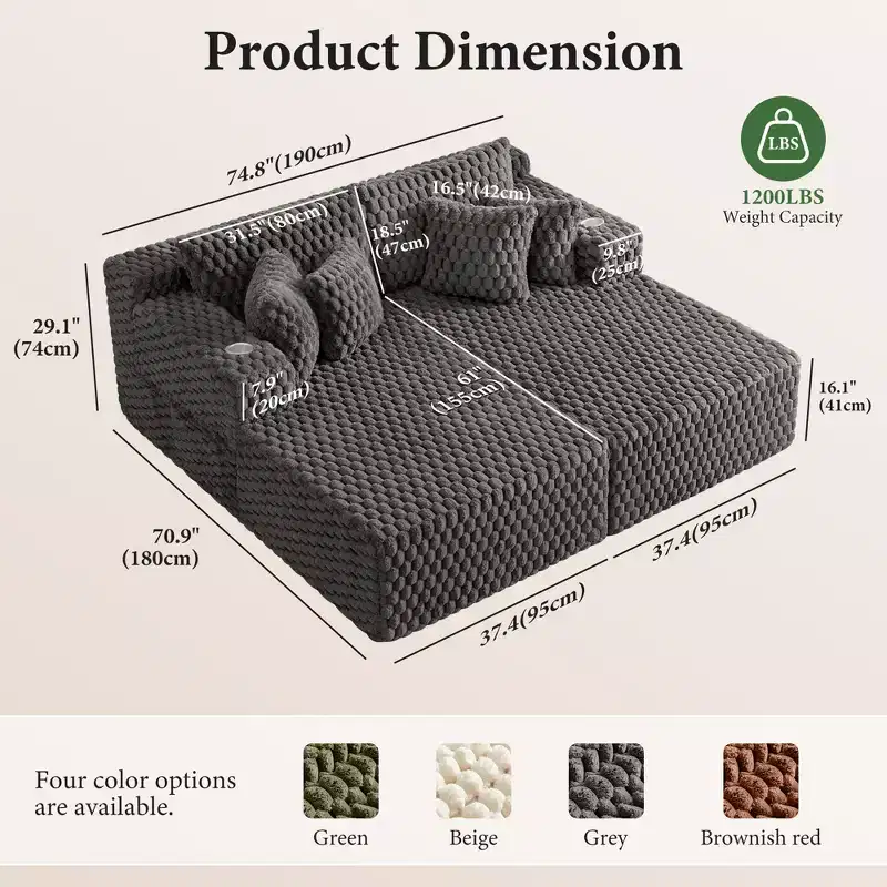 KERDOM Chaise Lounge Chair 74.8'' Comfy Oversized Reading Chair Fluffy Plush Cozy Couch Sofa Bed with Armrests and Pillows, for Living Room, Bedroom