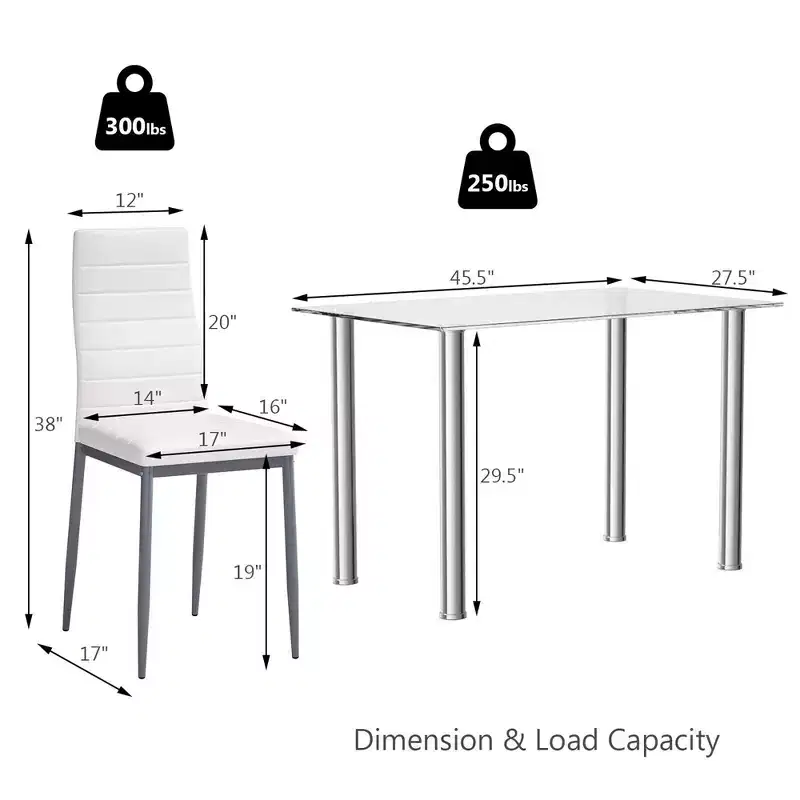 Costway 5 Piece Dining Set Table 29.6'' and 4 Chairs Glass Metal Kitchen Breakfast Furniture White