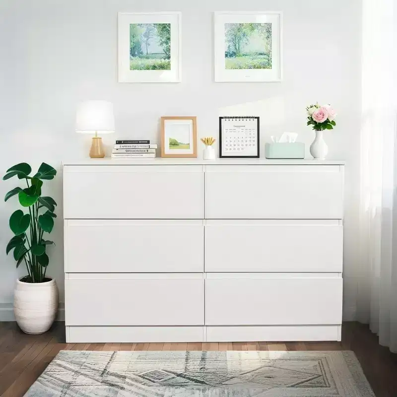 6 Drawer White Dresser, Modern Dresser For Bedroom With Spacious Countertop, Wood Cabinet With Concealed Handles & 6 Deep Drawers For Bedroom