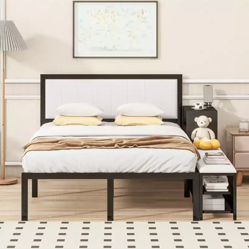 Full/Twin Size Metal Platform Bed Frame with Two-Tier Storage Shelves, Charging Station, Storage Cabinet -ModernLuxe
