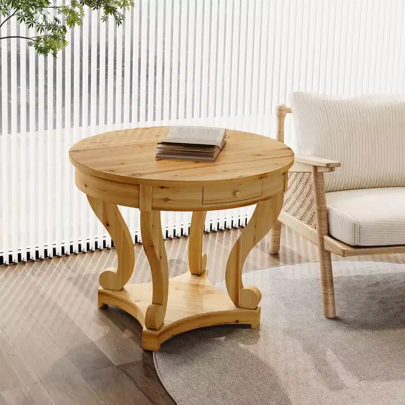 Small Round Dining Table with 2 Drawers and Curved Legs