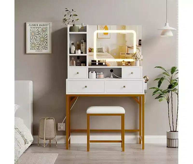Vanity Desk with Mirror, Makeup Vanity TableModern Dressing Table and Stool with Charging Station, 4 Drawers and 2 Open Shelves