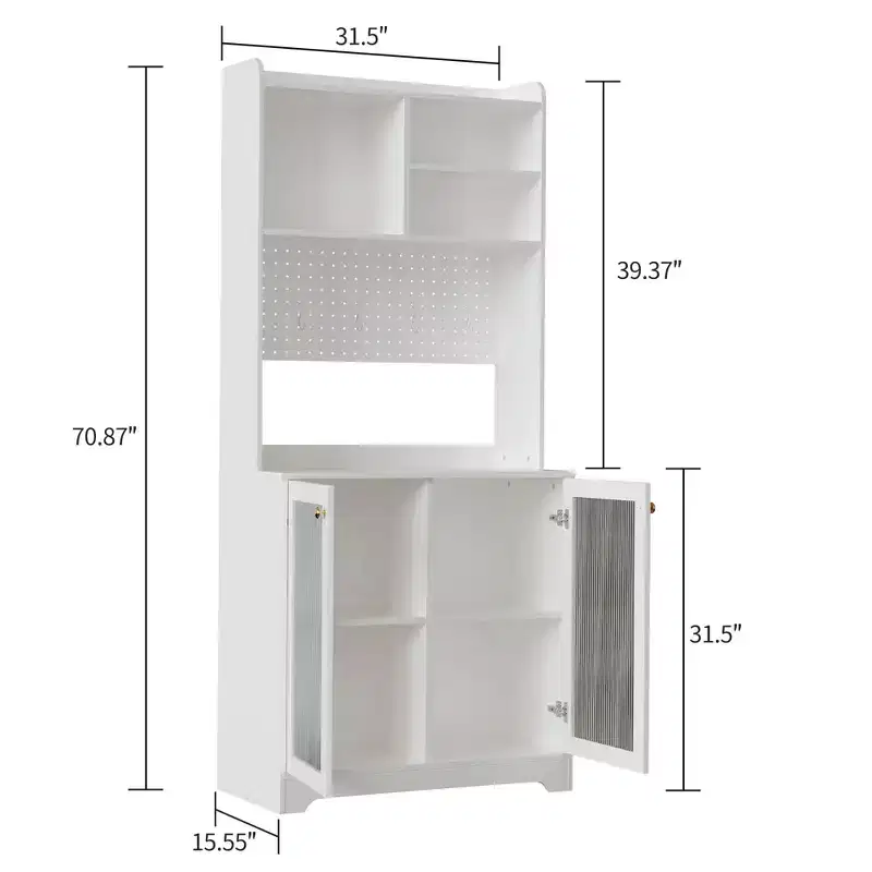 71 Tall Pantry Cabinet with 2 Glass Doors, Freestanding Kitchen Storage Cabinet with Open Storage & Adjustable Shelves,Farmhouse Cupboard Coffee Bar