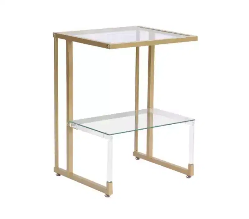 2-Tier Iron & Acrylic Glass Side Table, Golden End Table for Living Room & Bedroom, Gold