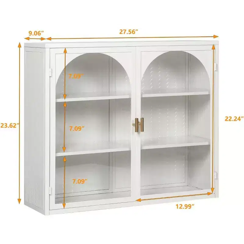 27.56 Double Glass Door Wall Cabinet, Kitchen Display Cabinet, Modern Minimalist Style, Three-Tier Storage, Iron & Tempered Glass, Easy Assembly
