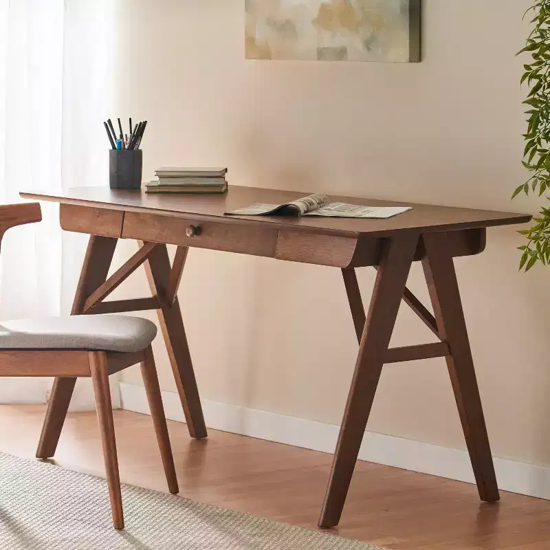 Okak 57IN Modern Computer Desk with Elegent Design, Home Office Desks with 1 Drawer, Standing Desk for Reading Room, Bedroom, Study, Walnut