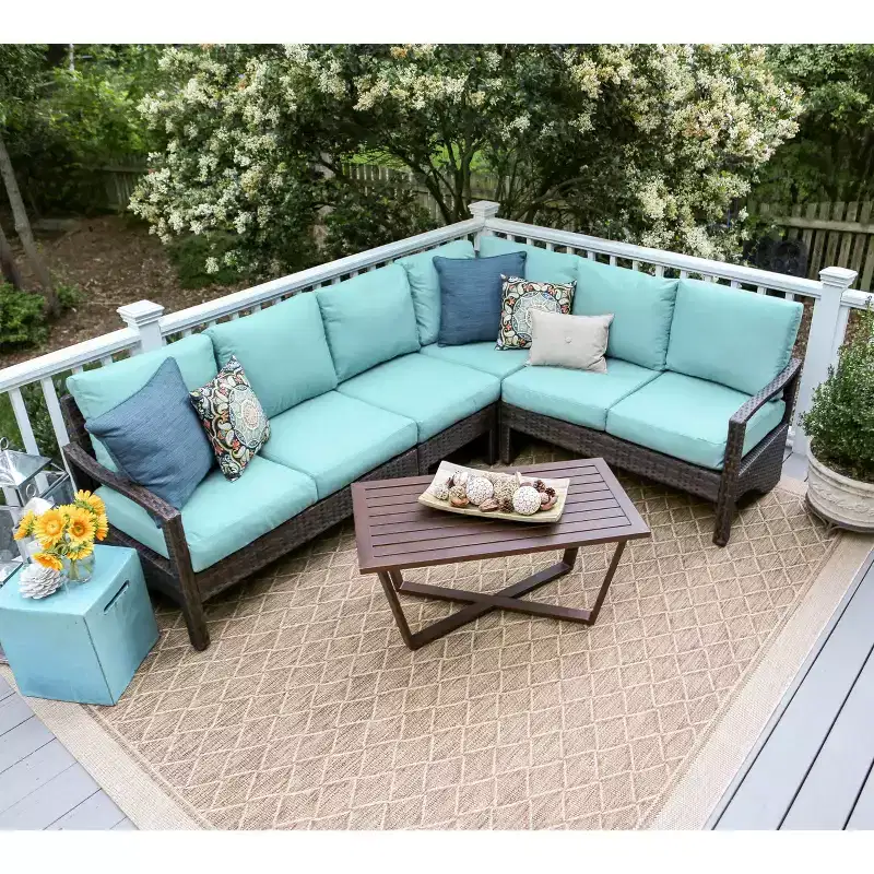 Leisure Made Augusta 5pc Wicker Sectional in Spa Blue Fabric