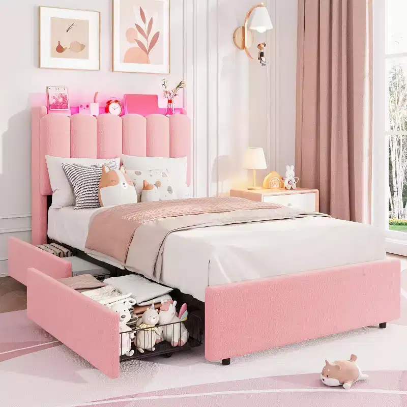 COZONY Bed Frame with Storage Headboard,Upholstered Platform Bed with Drawers and Bookcase, No Box Spring Needed
