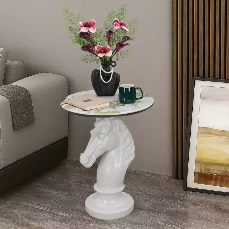 White Horse Head Accent Table, Animal Statue End Table for Living Room