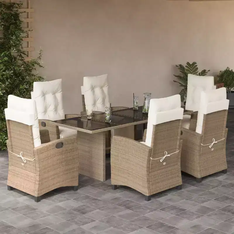 vidaXL Outdoor Dining Set with Cushions - Poly Rattan & Tempered Glass