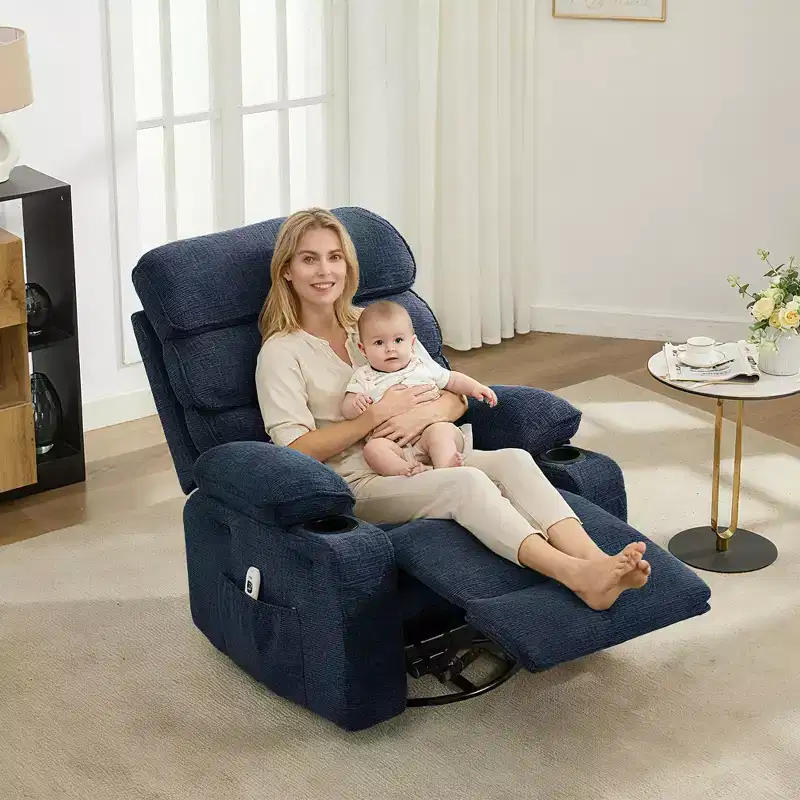 Swivel Massage Rocker Recliner with Heat and Footrest, Linen Glider Chair for Adults with Side Pocket and 2 Cup Holders