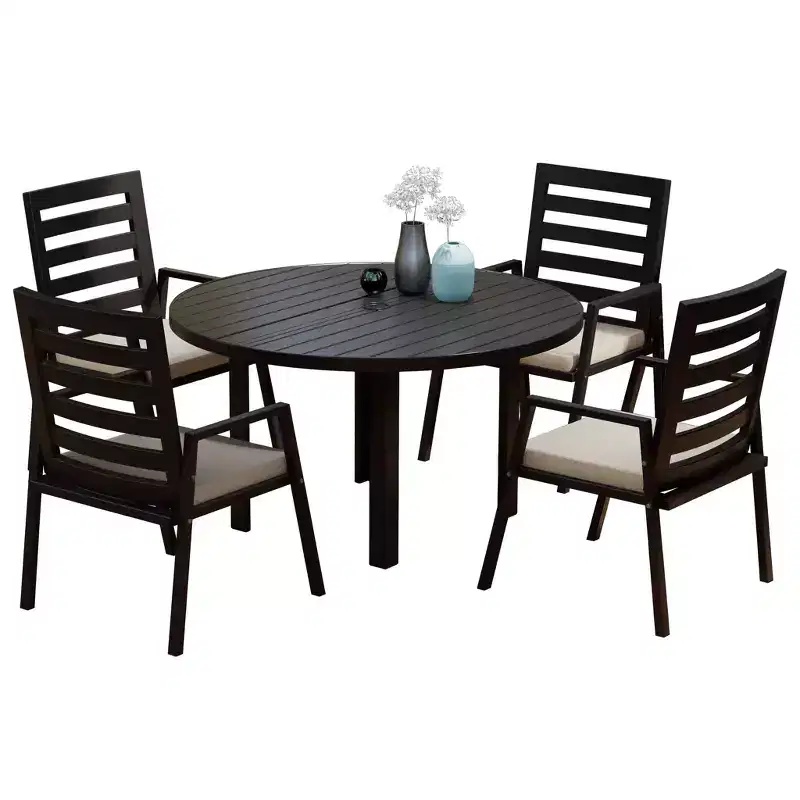 LeisureMod Chelsea 5-Piece Patio Dining Set, 48 Round Aluminum Dining Table and 4 Dining Armchair