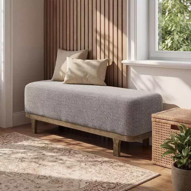 Art Leon End of Bed Bench, Modern Fabric Upholstered Bench, Entryway Bench Ottoman with Rubber Wood Legs for Bedroom Living Room Hallway