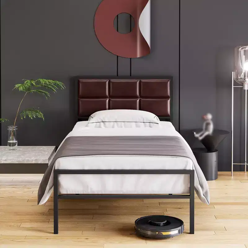 Queen/Full Size Faux Leather Bed Frame, Upholstered Square Headboard Metal Frame