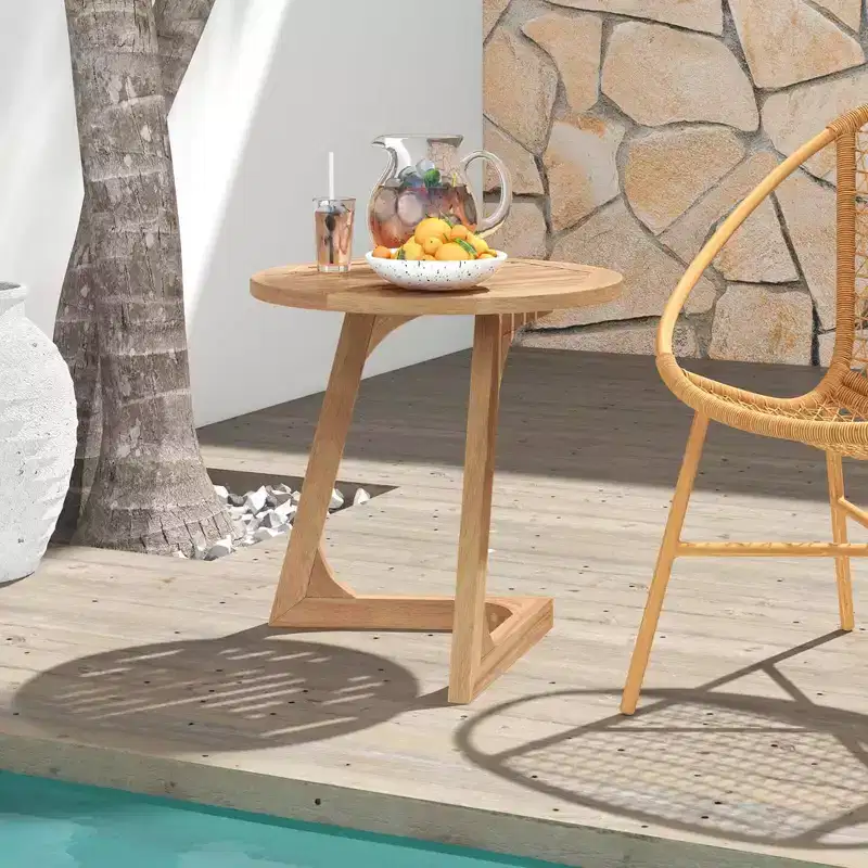 Costway 1/2 PCS Teak Wood Side Table Round Sofa End Table with Slatted Tabletop Nightstand