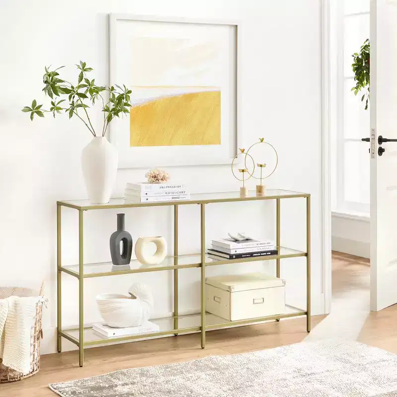 VASAGLE 51.2 Inch Console Table with 3 Shelves, Sofa Table, Entryway Table, Metal Frame, Tempered Glass Shelf, Modern Style