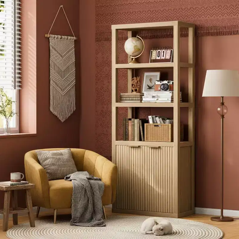 5-Tier Bookcase with Doors - Tall Wood Display Cabinet & Standing Bookshelf