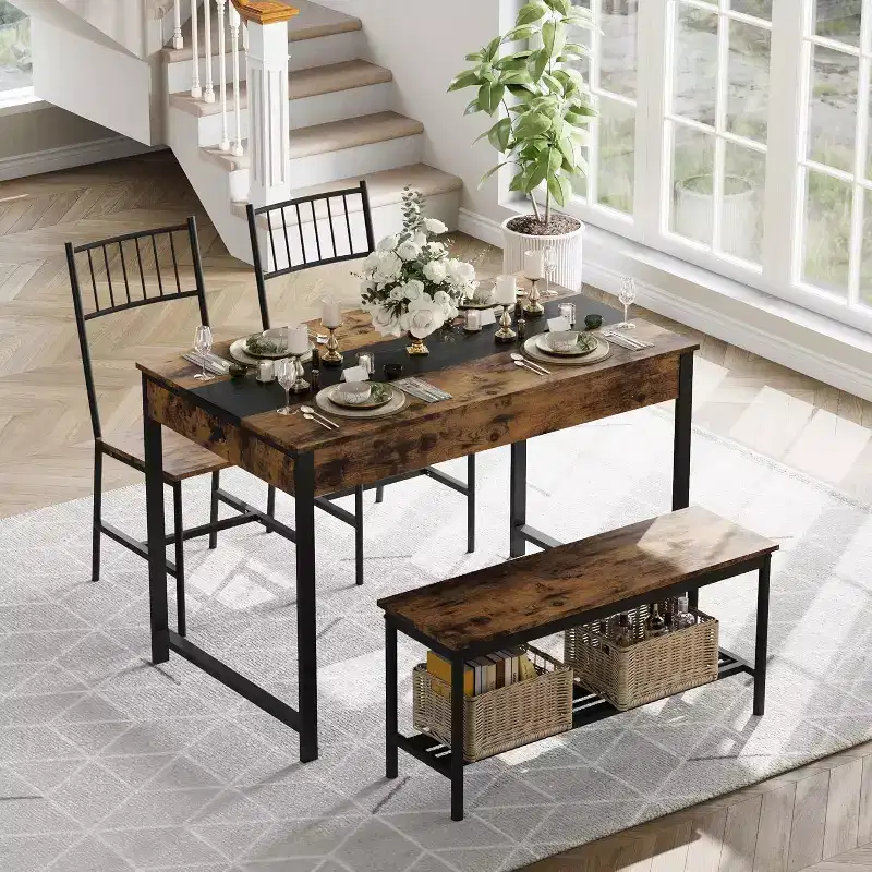 4-Piece Dining Table Set for 4 People,Rectangular Kitchen Table Set with 2 Chairs & 1 Bench,Double Side Drawers for Dining Room,Kitchen,Yard