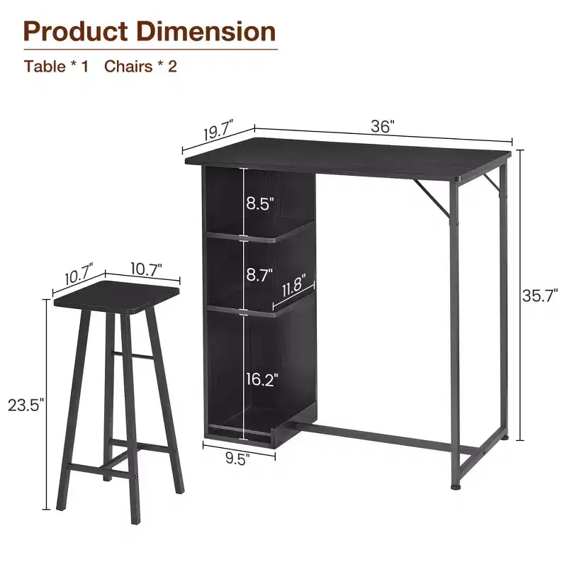 COZONY 3-Piece Bar Table and Chairs Set, Dining Table Set w/ 3 Storage Shelves & Stools