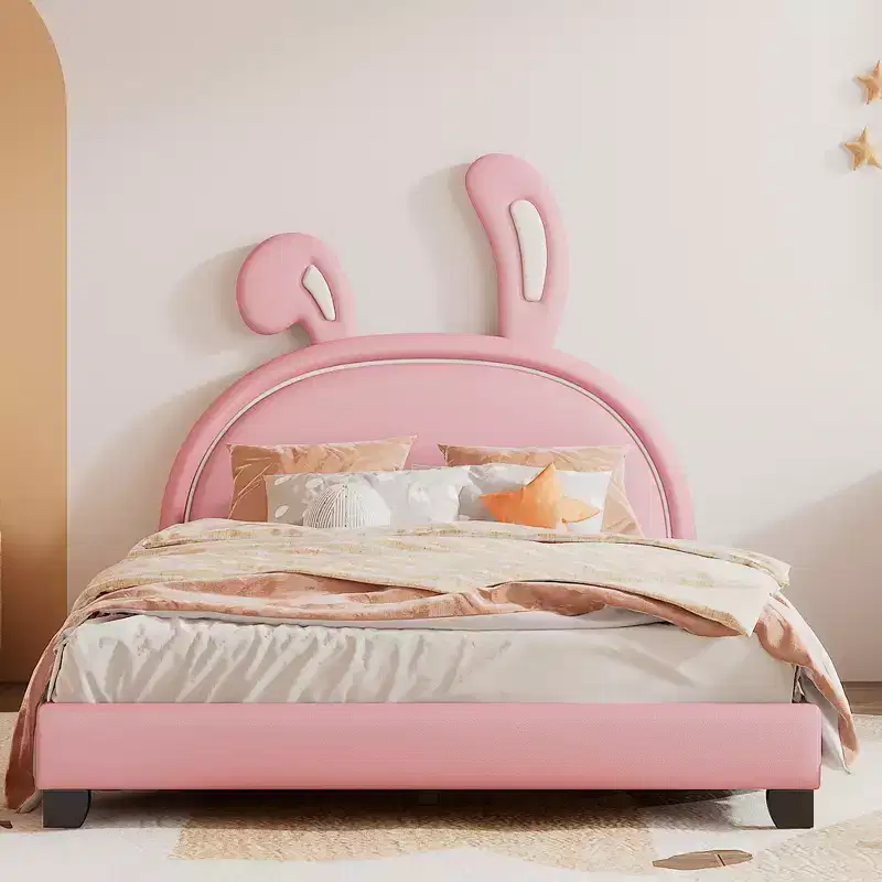 Full Size Upholstered Leather Platform Bed with Ears Headboard Bed Frame with Rabbit Ornament for Kids Pink