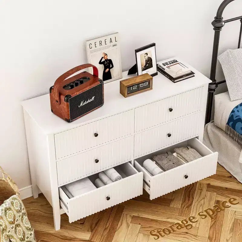 Heynemo Morden Vertical Stripes 6-Drawer Double Dresser, Painted Chest of Drawers, Wooden Storage Cabinet for Bedroom Living Room Sideboard