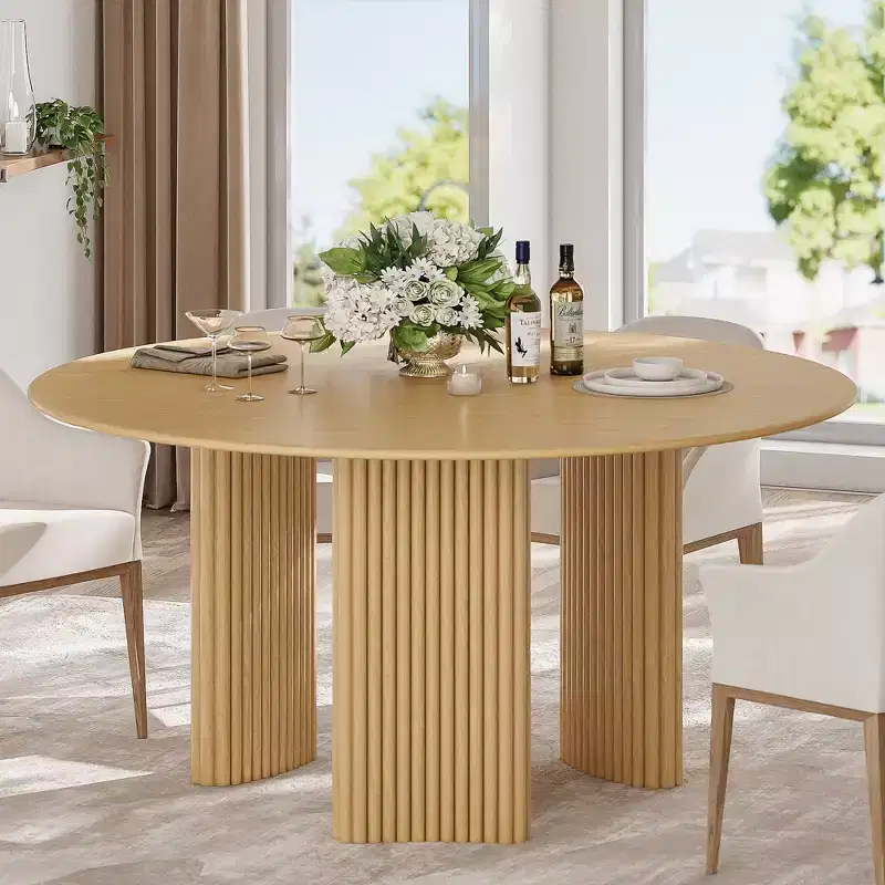 60 Modern Round Dining Table with Striped Column Legs Solid Wood Kitchen Table Anti-Scratch Footpads for Dining Room & Kitchen Bar in Natural