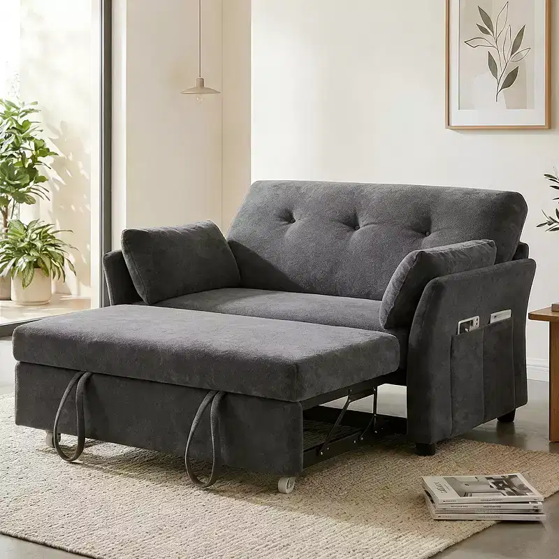 51 Inch 3-in-1 Pull-Out Sleeper Sofa Bed, Convertible Loveseat with Reclining Adjustable Backrest, Chenille Upholstered Couch, Side Pocket