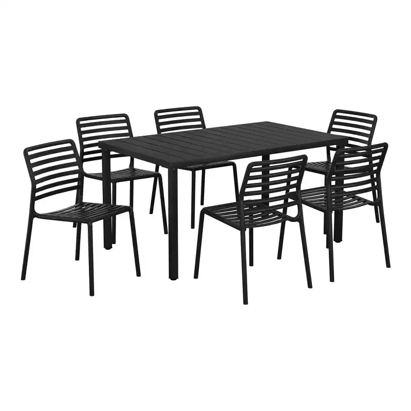 WestinTrends Playa 7-Piece Metal Rectangular Patio Dining Table Set With Stackable Plastic Dining Chairs For 6