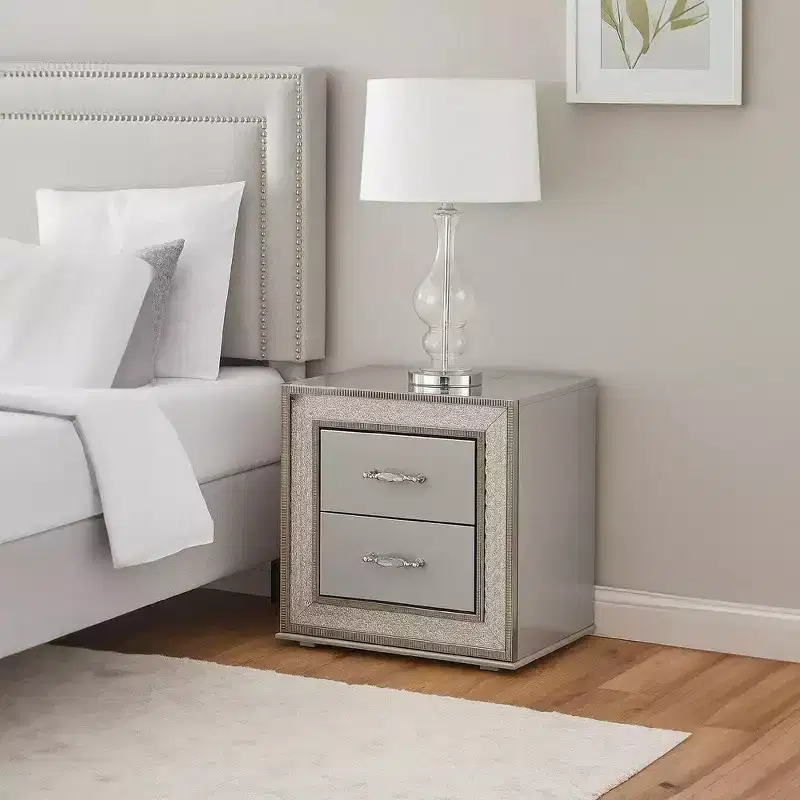 Royal Hampton Nightstand with 2 Drawers, Scale Molding Trim, Metallic Gray Wood