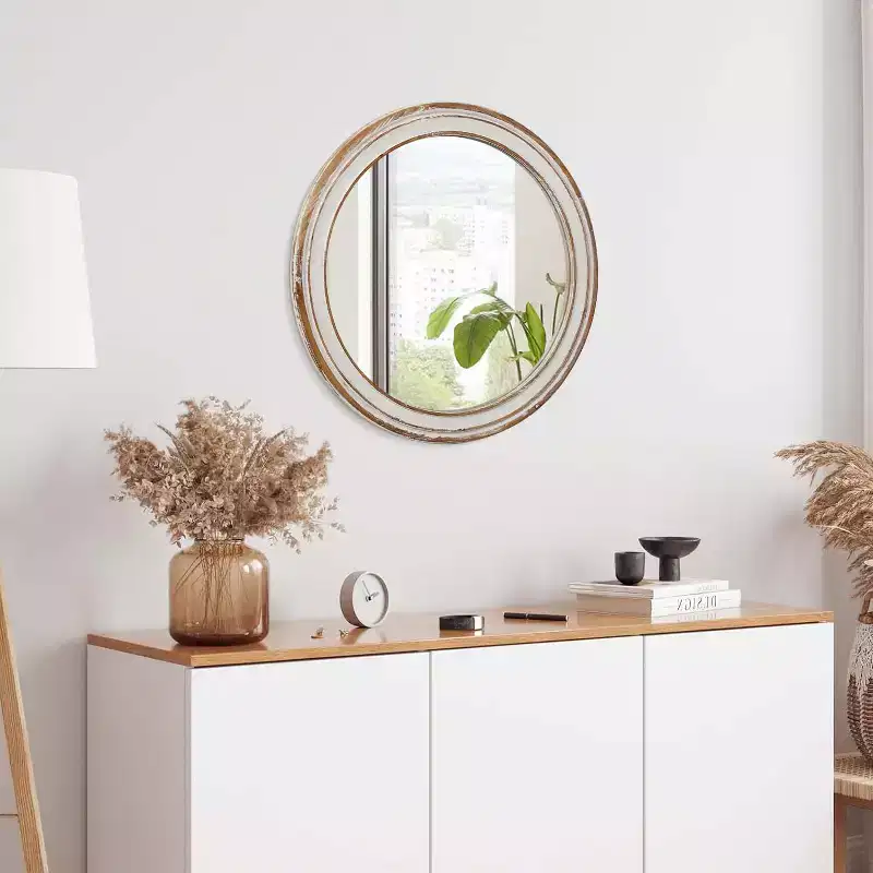 GDFStudio Amelia Farmhouse Wooden Decorative Round Wall Mirror with Whitewash Edge