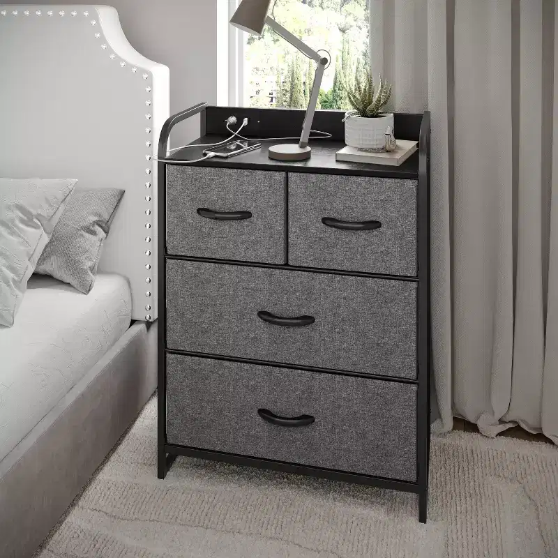 Flash Furniture Sodano 4 Drawer Nightstand with Charging Station, 2 USB Ports and 1 Outlet, Metal Frame, Engineered Wood Top, Drawers and Handles
